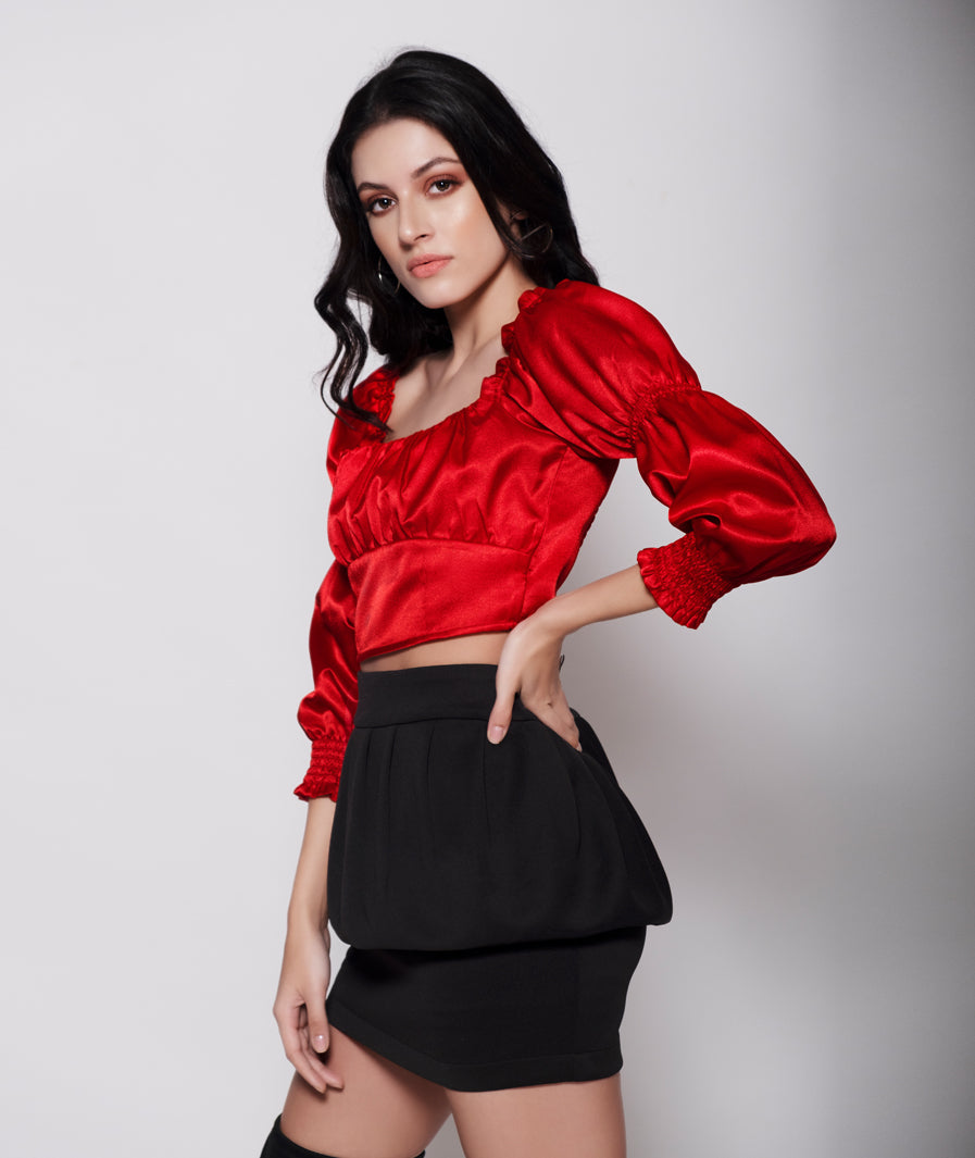 Red Satin Crop Top + Black Peplum Mini Skirt